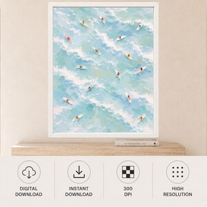 Aerial Surfers Ocean Print, Pastel Blue Coastal Art (Digital Download) image 11