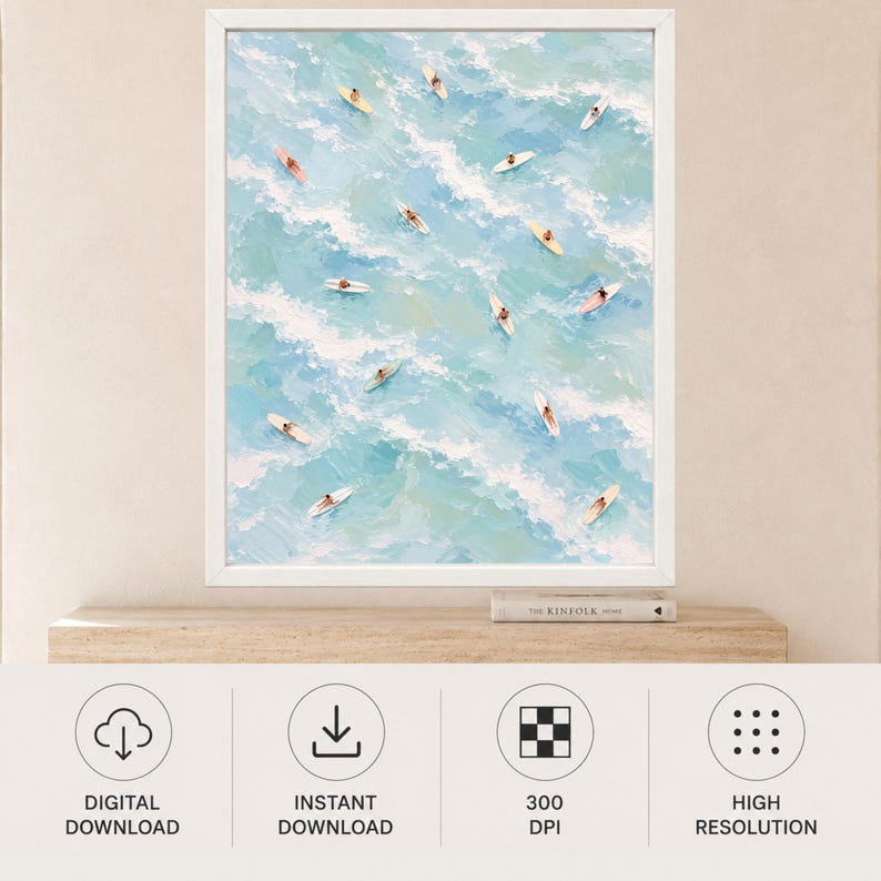 Aerial Surfers Ocean Print, Pastel Blue Coastal Art (Digital Download) image 11