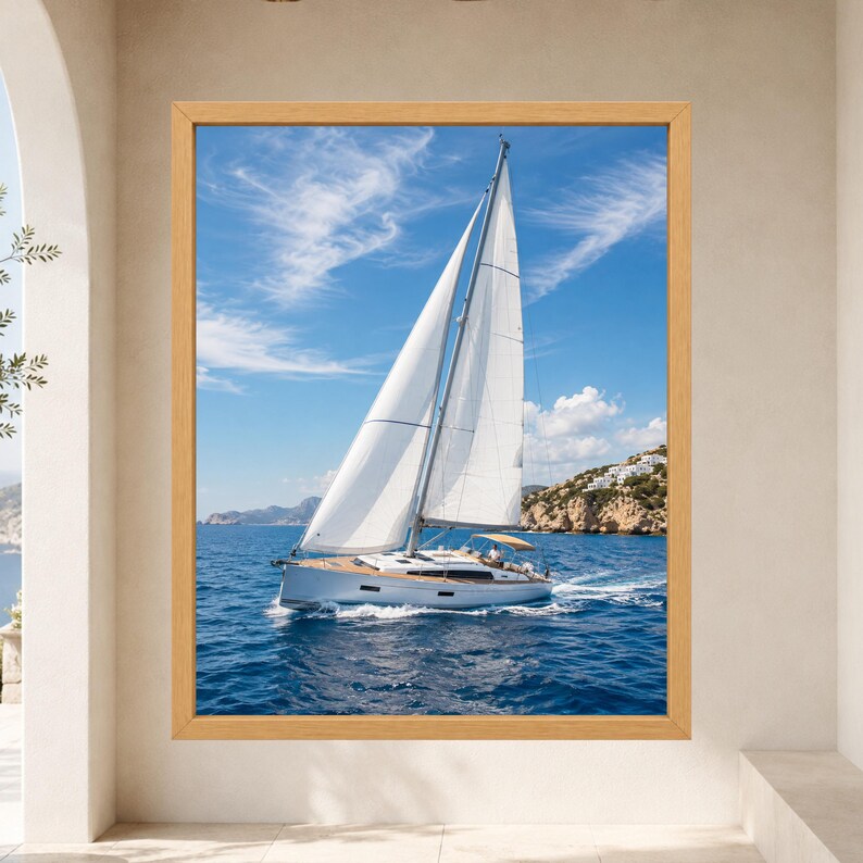 Puede incluir: Una impresi&oacute;n de arte mural enmarcada que muestra un velero blanco con las velas desplegadas navegando en aguas oce&aacute;nicas de color azul profundo bajo un cielo brillante con nubes tenues, con una costa rocosa y edificios blancos al fondo.