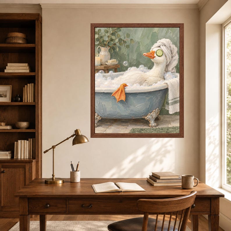 Spa Duck Bath Print, Cucumber Eyes, Sage Green Bathroom Art (Digital Download) image 6
