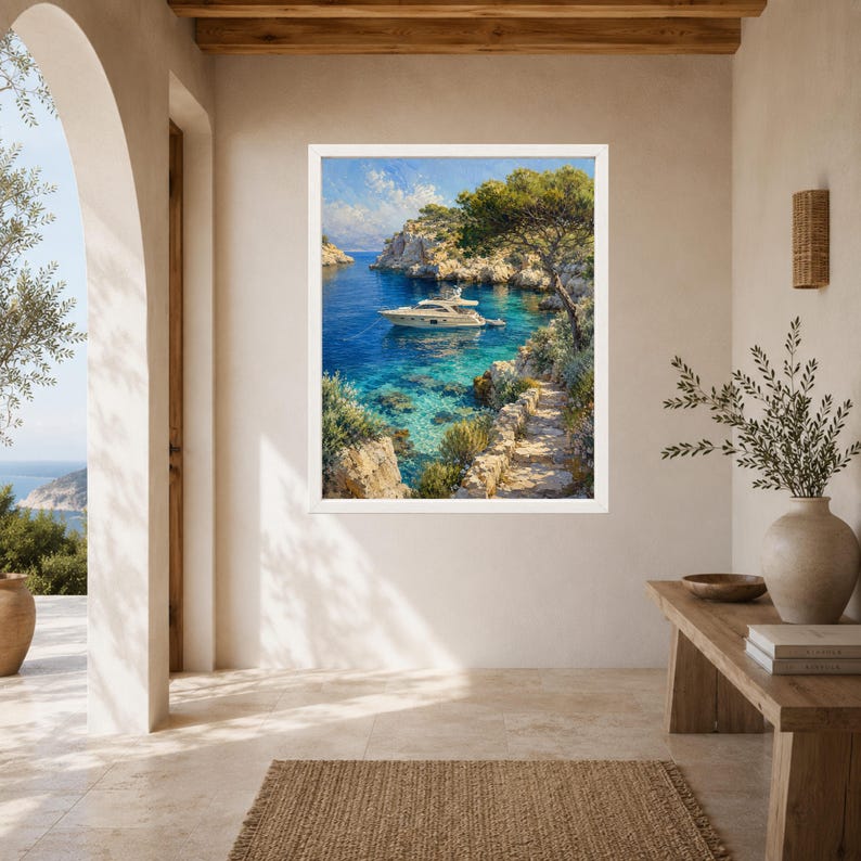 May include: A framed wall art print depicting a white yacht anchored in a clear blue Mediterranean cove. The scene features rocky cliffs, lush green trees, and a stone path leading toward the water under a bright blue sky with soft white clouds.