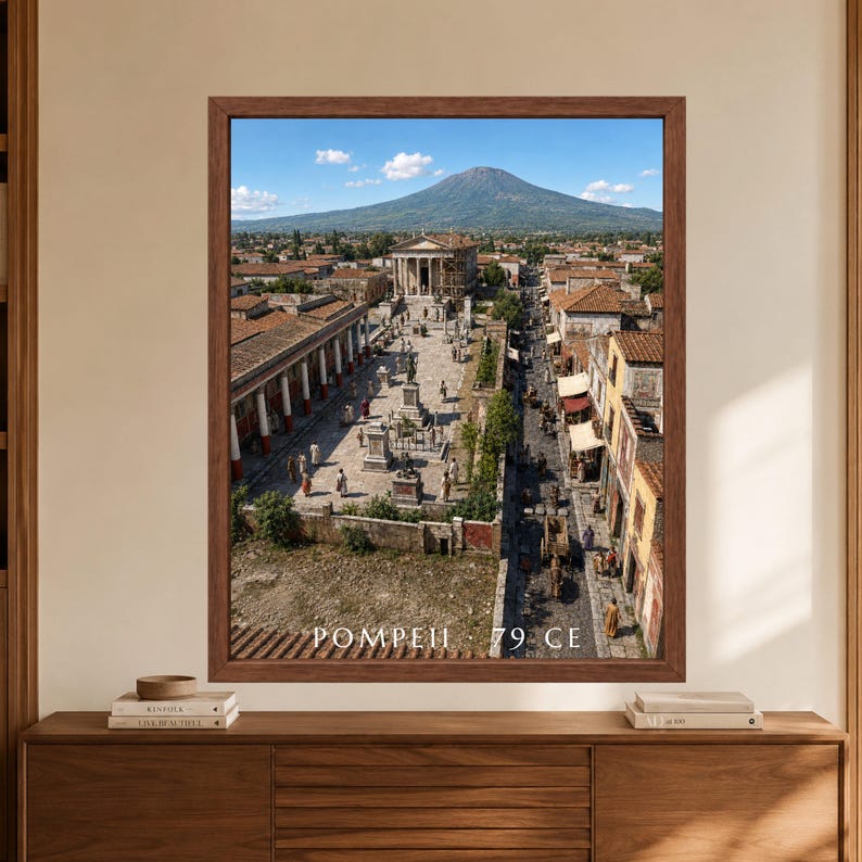 Framed Pompeii 79 CE wall art showing a busy ancient Roman city with a columned temple, stone streets, terracotta rooftops and Mount Vesuvius rising under a clear blue sky.