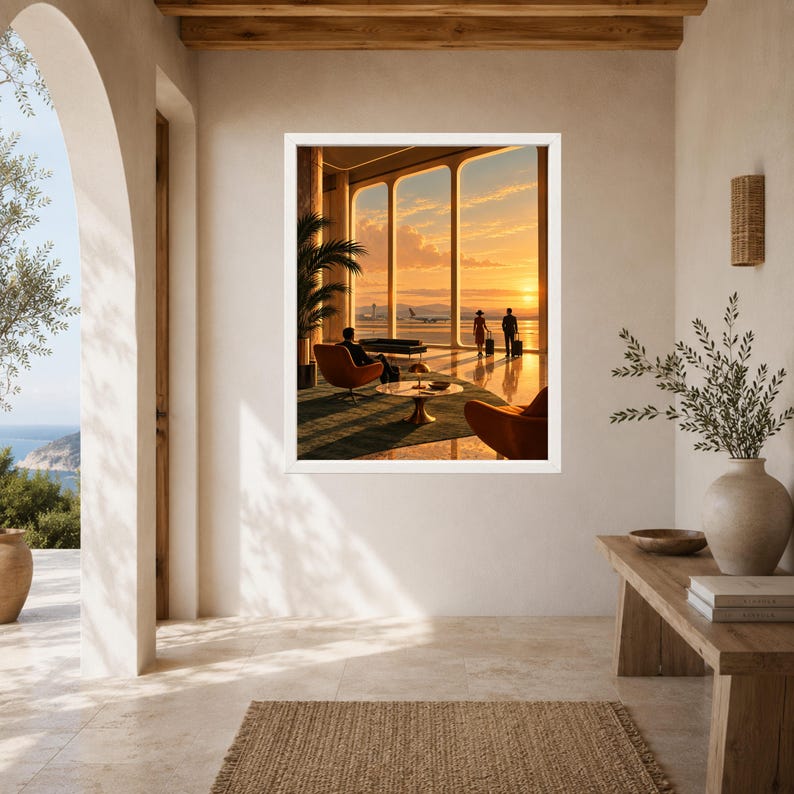 Kunstdruck einer Flughafenlounge im Stil der Mitte des 20. Jahrhunderts, Poster „Sunset Aviation“ (Digitaler Download) Bild 6