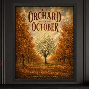 May include: A framed wall art print titled The Orchard in October, featuring rows of autumn trees with orange leaves flanking a central white-flowering tree under a cloudy sky. The text Vintage Horror Collection appears at the bottom.