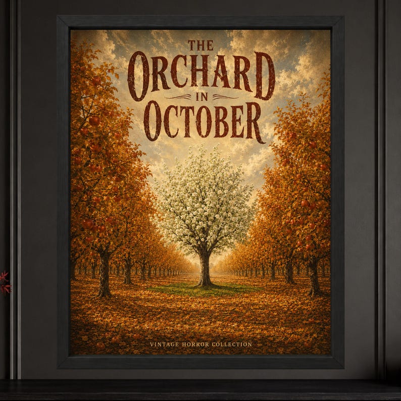 May include: A framed wall art print titled The Orchard in October, featuring rows of autumn trees with orange leaves flanking a central white-flowering tree under a cloudy sky. The text Vintage Horror Collection appears at the bottom.