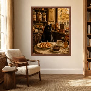 May include: A framed wall art print depicting a black cat sitting at a round marble table inside a confectionery shop. The table holds a plate of sliced pastries, a small chocolate tart, and a cup of coffee. The background shows shelves of jars.