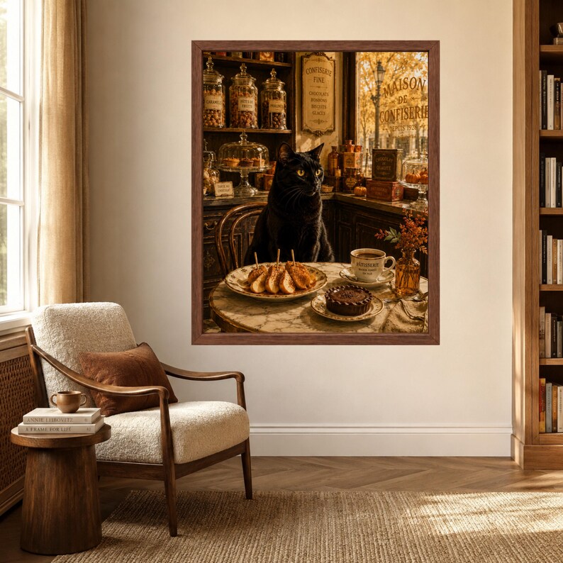 May include: A framed wall art print depicting a black cat sitting at a round marble table inside a confectionery shop. The table holds a plate of sliced pastries, a small chocolate tart, and a cup of coffee. The background shows shelves of jars.