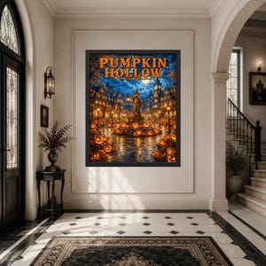 May include: A framed rectangular wall art print titled PUMPKIN HOLLOW, featuring a night scene of a town square filled with glowing orange jack-o'-lanterns, a central statue holding a lantern, and dark blue sky with a full moon above the buildings.