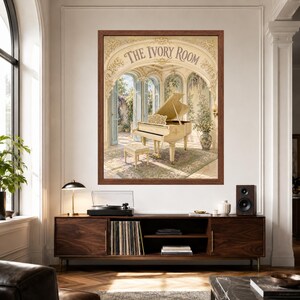 May include: A framed wall art print titled The Ivory Room, depicting a cream-coloured grand piano and matching bench inside an ornate, arched sunroom with floral wallpaper, open shutters, and a potted plant, all set within a dark wood frame.