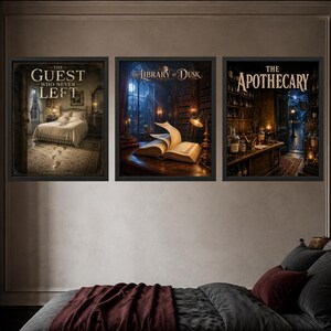 May include: Three framed wall art prints featuring dark, atmospheric scenes. The left print shows a bedroom with the text The Guest Who Never Left. The center print depicts a library with an open book and the text The Library at Dusk. The right print shows an apothecary shop with the text The Apothecary.