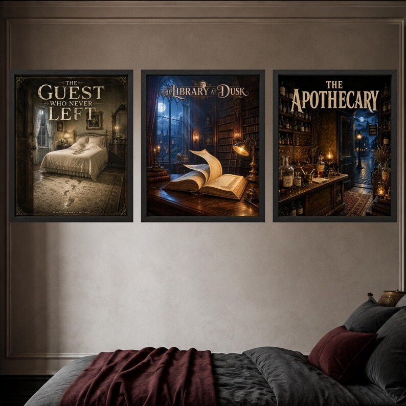 May include: Three framed wall art prints featuring dark, atmospheric scenes. The left print shows a bedroom with the text The Guest Who Never Left. The center print depicts a library with an open book and the text The Library at Dusk. The right print shows an apothecary shop with the text The Apothecary.