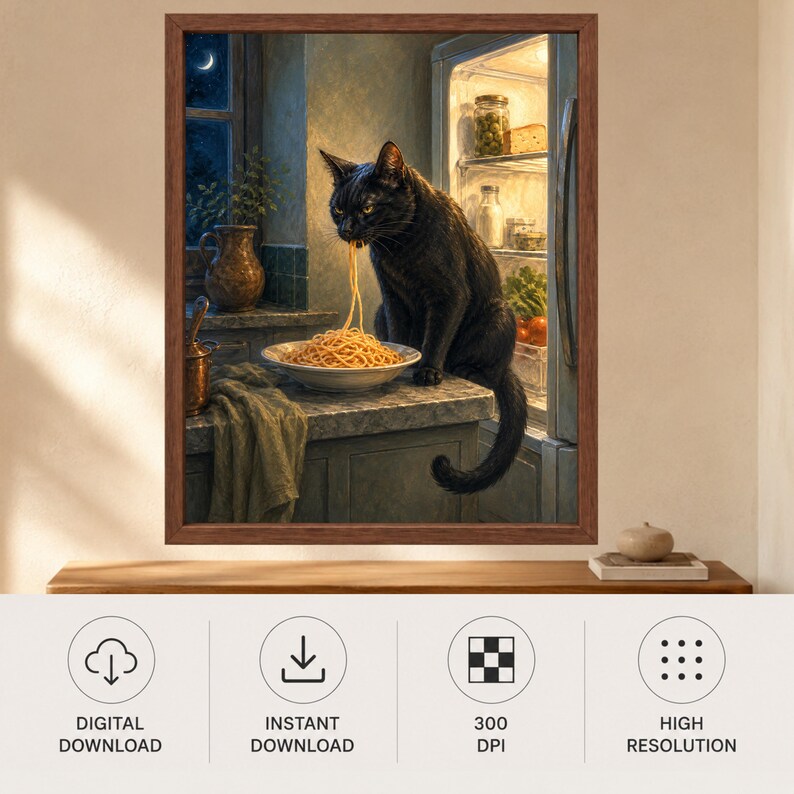 May include: A framed wall art print depicting a black cat sitting on a kitchen counter, eating spaghetti from a white bowl. The scene includes an open refrigerator with food items, a window with a crescent moon, and a brown wooden frame.