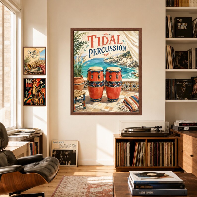 May include: A framed wall art print titled Tidal Percussion featuring two orange conga drums on a tiled patio overlooking a blue ocean. The scene includes a potted palm, a small wooden stool, and a patterned textile, all framed in dark brown wood.