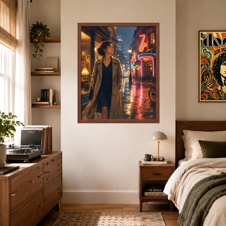 May include: A framed wall art print depicting a person in a tan trench coat walking down a rain-slicked city street at night, illuminated by glowing neon signs including a saxophone shape, set against a backdrop of urban architecture and lights.