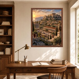 May include: A framed wall art print depicting an ancient cityscape of Athens in 430 BCE, featuring the Parthenon on a hill, a bustling marketplace, and a statue, with the text ATHENS 430 BCE printed in white at the bottom of the image.
