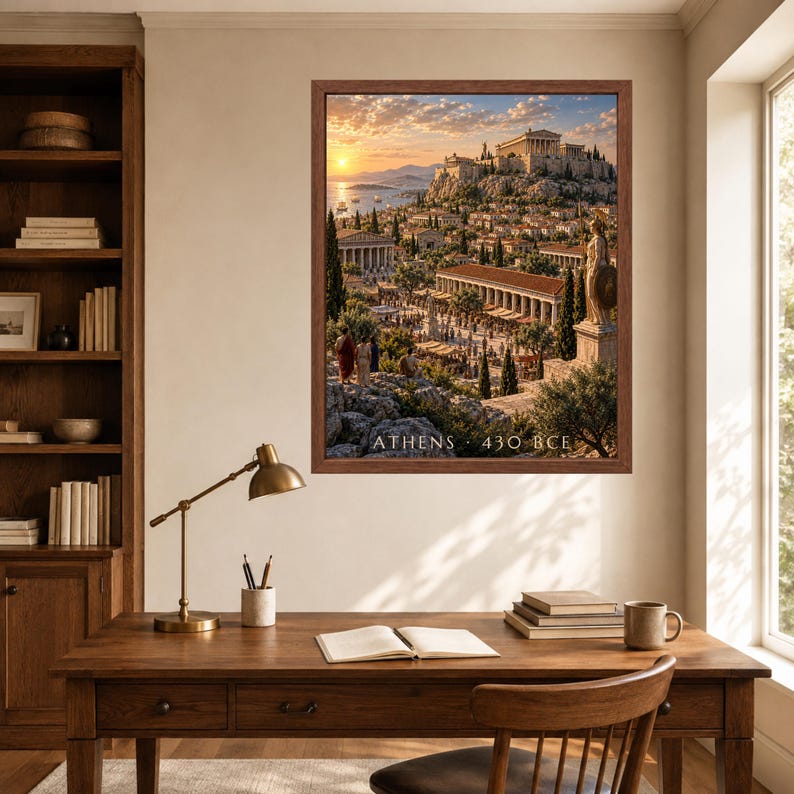 May include: A framed wall art print depicting an ancient cityscape of Athens in 430 BCE, featuring the Parthenon on a hill, a bustling marketplace, and a statue, with the text ATHENS 430 BCE printed in white at the bottom of the image.
