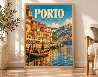 Porto Portugal Travel Poster, Douro River, Dom Luis Bridge Print (Digital Download)