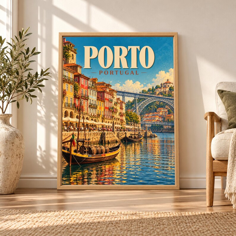 Framed Porto Portugal travel poster showing colorful Ribeira buildings beside the Douro River with traditional rabelo boats, Dom Luís I Bridge and warm reflections on the water.