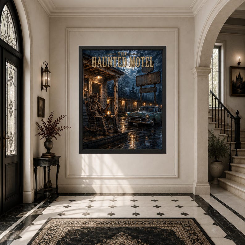 May include: A framed wall art print titled The Haunted Motel, depicting a skeleton in a cowboy hat sitting on a porch rocking chair holding a lantern, with a vintage car parked on a wet, dark street under a full moon in a night setting.