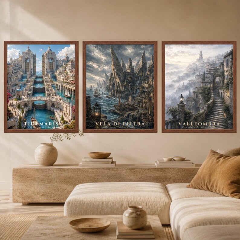 May include: Three framed wall art prints featuring fantasy cityscapes. The left print shows Tidemaris, the center shows Vela di Pietra, and the right shows Valleombra. Each rectangular print is encased in a thin brown wooden frame, displaying detailed architectural illustrations with text labels at the bottom of each image.