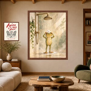 Funny Frog Shower Print, Whimsical Bathroom Art, Sage Green Spa Decor (Digital Download) imagen 7