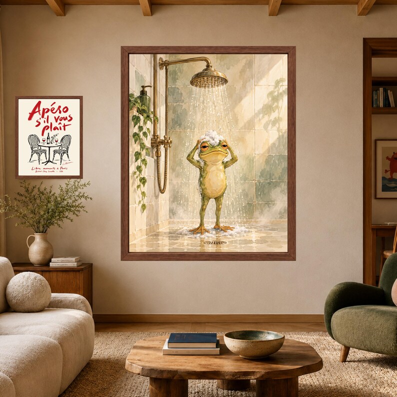 Funny Frog Shower Print, Whimsical Bathroom Art, Sage Green Spa Decor (Digital Download) imagen 7