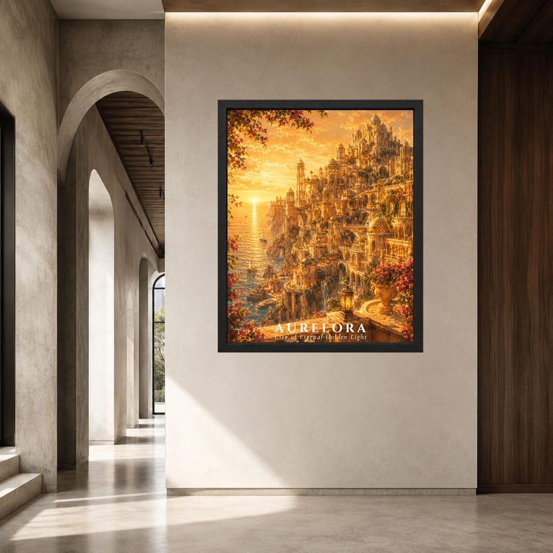 May include: A rectangular framed wall art print featuring a golden sunset over a coastal city with intricate towers and balconies. The text AURELORA City of Eternal Golden Light is printed at the bottom of the image in white capital letters.