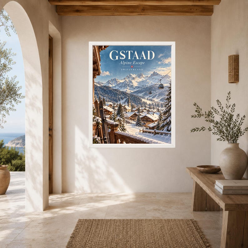 Gstaad Swiss Alps Travel Poster, Alpine Village, Ski Resort (Digital Download) image 6
