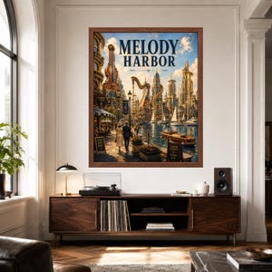 May include: A framed wall art print titled MELODY HARBOR featuring a fantasy cityscape with a large violin-shaped building, a golden harp, sailboats on a canal, and a couple walking along a waterfront promenade under a blue sky with clouds.