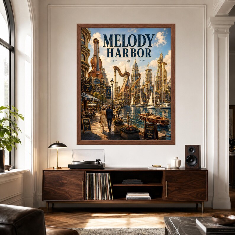 May include: A framed wall art print titled MELODY HARBOR featuring a fantasy cityscape with a large violin-shaped building, a golden harp, sailboats on a canal, and a couple walking along a waterfront promenade under a blue sky with clouds.