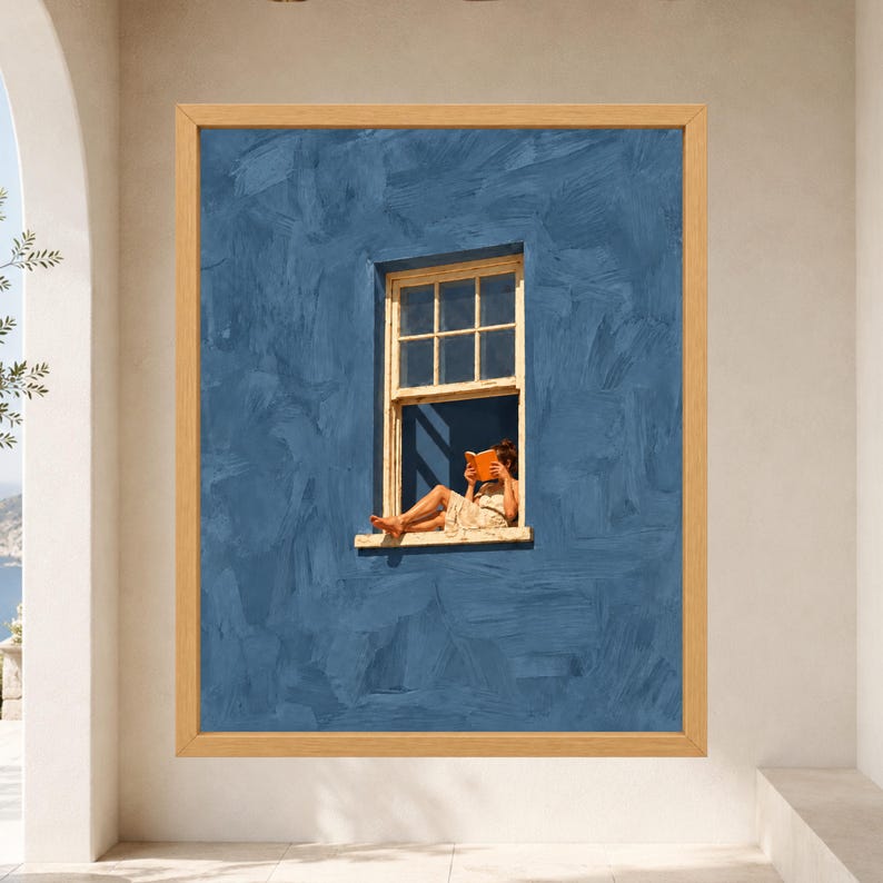 Woman Reading Window Print, Dusty Blue Wall Art, Book Lover Decor (Digital Download) image 8
