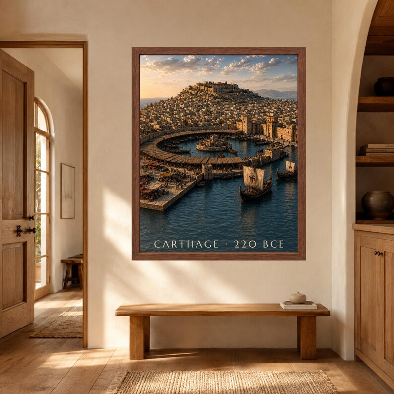 May include: A framed wall art print depicting the ancient city of Carthage in 220 BCE, featuring a circular harbor with wooden ships, stone fortifications, and a densely populated hillside under a golden sunset sky, with the text CARTHAGE 220 BCE.