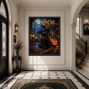 May include: A framed wall art print titled The Witch Cat featuring a black cat wearing a purple witch hat and cape, sitting near a glowing jack-o'-lantern, a broomstick, and a spellbook in a dimly lit room with a window view of a night sky.