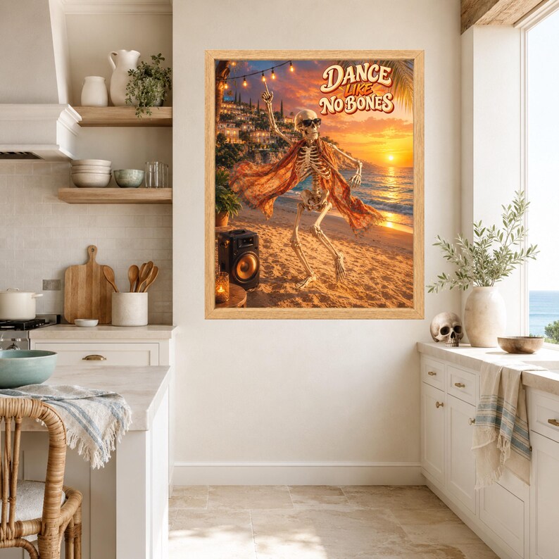 Dancing Skeleton Beach Party Print, Retro Summer Humor Art (Digital Download) image 6