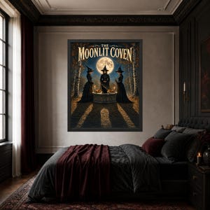 May include: A framed wall art print titled The Moonlit Coven featuring three figures in black robes and pointed hats standing around a stone table with a black cat under a full moon in a forest setting with autumn trees and long shadows.