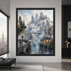 Framed Nebiah fantasy city wall art showing a vast pale stone city rising through clouds with monumental sky bridges, tall towers, waterfalls, gardens and a misty waterway below.