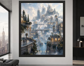 Fantasy Cloud City Wall Art, Sky Bridge Poster, Dream Architecture Print, Nebiah, Digital Download