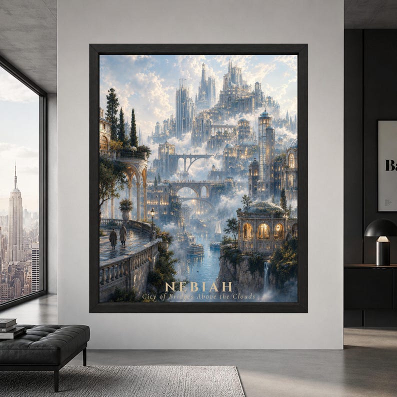 Framed Nebiah fantasy city wall art showing a vast pale stone city rising through clouds with monumental sky bridges, tall towers, waterfalls, gardens and a misty waterway below.