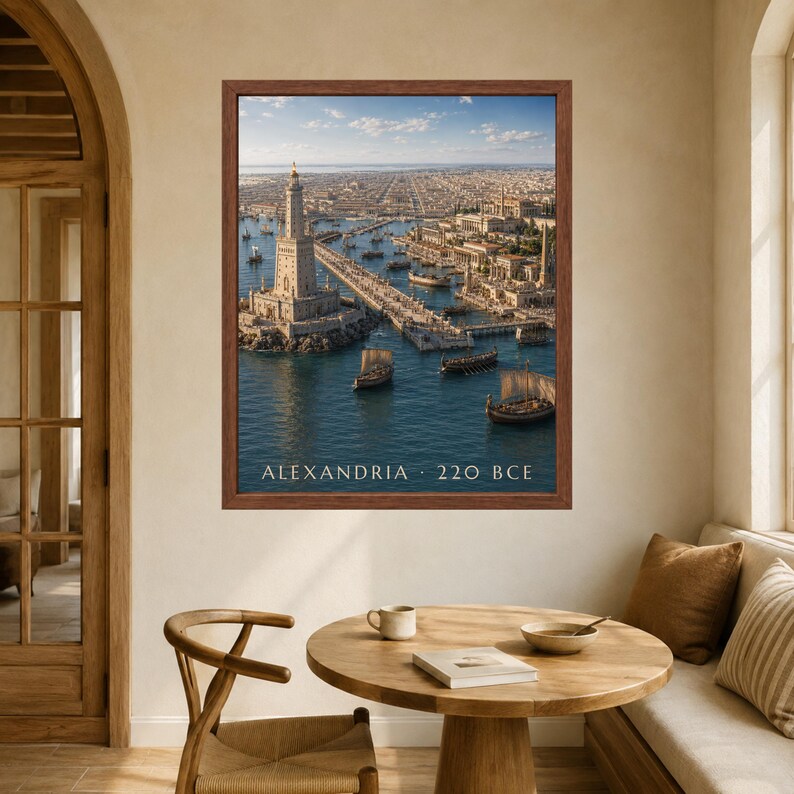 May include: A framed wall art print depicting the ancient Lighthouse of Alexandria with sailing ships in the harbor. The image features a blue sea, stone structures, and the text ALEXANDRIA 220 BCE at the bottom. The frame is a medium brown wood.