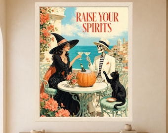Divertente poster con scheletro di strega per cocktail, arte mediterranea di Halloween (download digitale)
