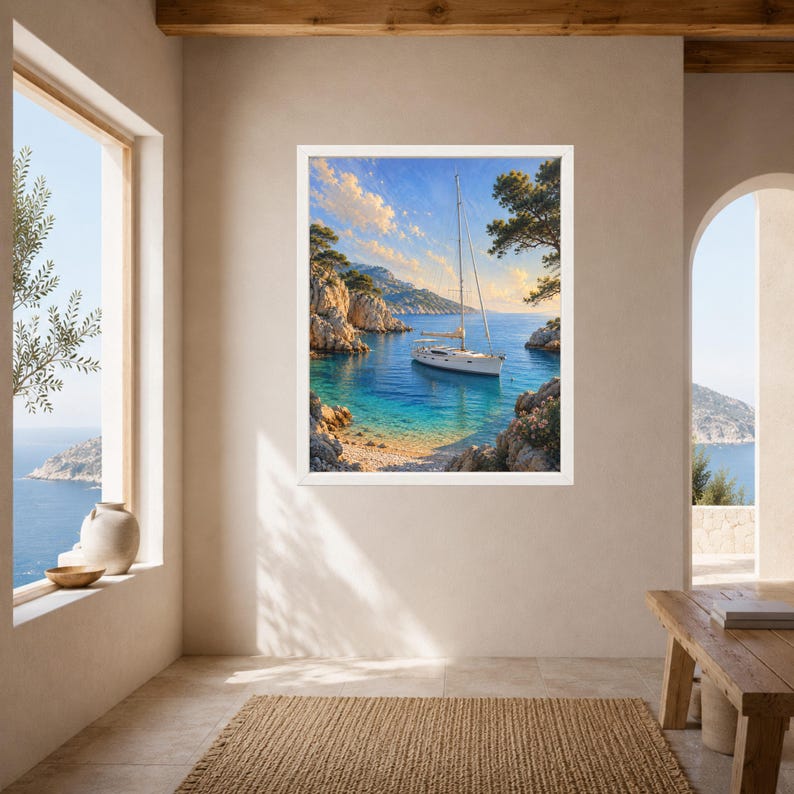 May include: A framed wall art print depicting a white sailboat anchored in a turquoise cove surrounded by rocky cliffs and pine trees under a bright blue sky with soft clouds. The scene captures a calm coastal landscape with clear water.