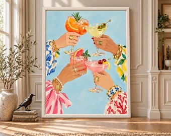 Colorful Cocktail Toast Print, Hands Holding Drinks, Bar Cart Decor (Digital Download)