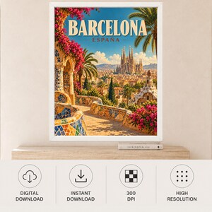 May include: A framed travel poster featuring the text BARCELONA ESPA&Ntilde;A. The illustration depicts a sunlit walkway with colorful mosaic tiles, vibrant pink bougainvillea flowers, palm trees, and the Sagrada Familia cathedral in the distance.