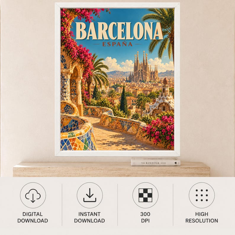 May include: A framed travel poster featuring the text BARCELONA ESPA&Ntilde;A. The illustration depicts a sunlit walkway with colorful mosaic tiles, vibrant pink bougainvillea flowers, palm trees, and the Sagrada Familia cathedral in the distance.