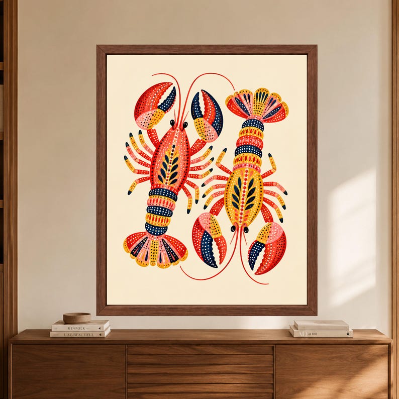 Folk Art Lobster Print, Coastal Kitchen Decor, Nautical Seafood Poster (Digital Download) image 9