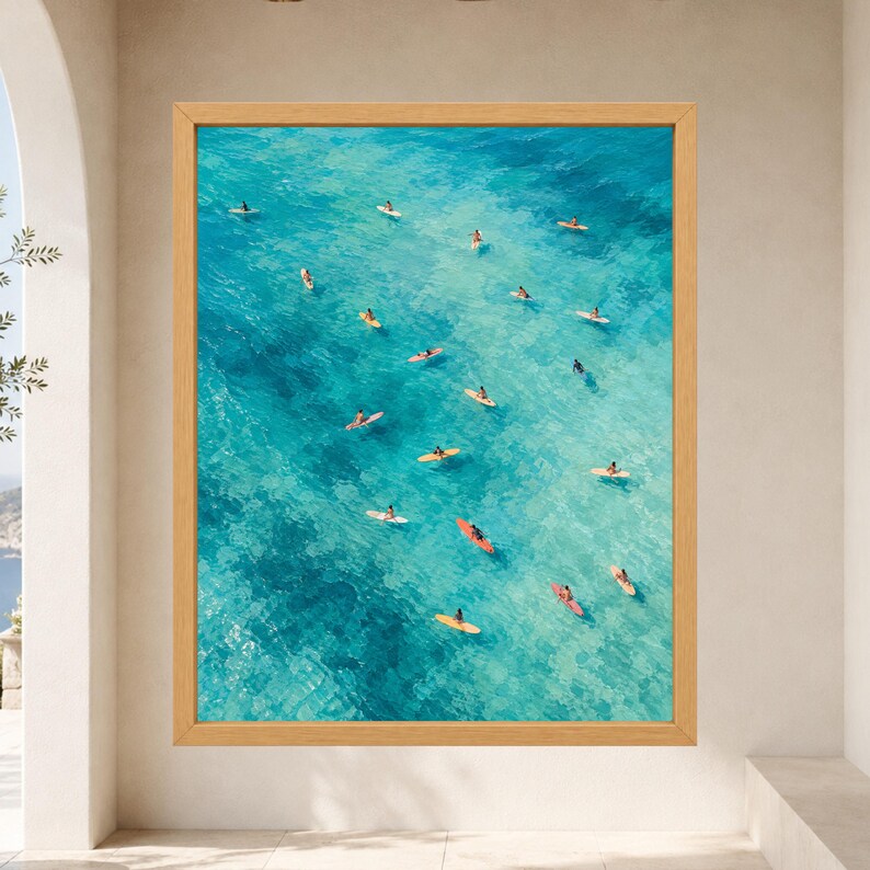 Aerial Turquoise Ocean Surfers Print, Coastal Surfboard Art (Digital Download) image 9