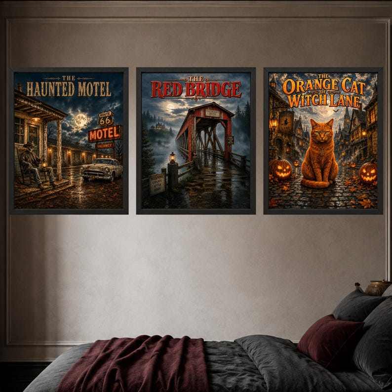 K&ouml;nnte beinhalten: Ein Set aus drei gerahmten Wandbildern mit d&uuml;steren, atmosph&auml;rischen Szenen. Das linke Bild zeigt The Haunted Motel mit einem Oldtimer, das mittlere The Red Bridge in einer nebligen Landschaft und das rechte The Orange Cat of Witch Lane.