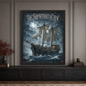 Framed ghost ship Halloween wall art featuring an abandoned weathered sailing ship with torn sails crossing rough moonlit seas beneath storm clouds and a full moon, with distressed “The Ship Without a Crew” typography.