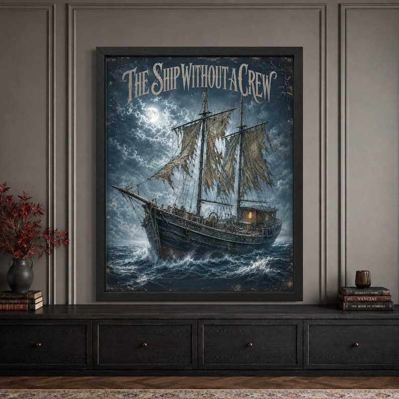 Framed ghost ship Halloween wall art featuring an abandoned weathered sailing ship with torn sails crossing rough moonlit seas beneath storm clouds and a full moon, with distressed “The Ship Without a Crew” typography.