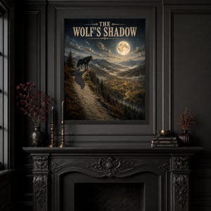 May include: A rectangular wall art print titled THE WOLF'S SHADOW featuring a dark wolf standing on a cliff edge overlooking a forested valley under a full moon and starry night sky, framed in a black border and displayed above a fireplace.